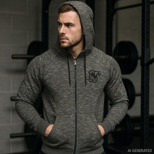 SikSilk Apex Zip Track Top Hoodie L Men’s Grey Marled Logo Streetwear